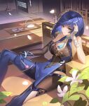  1girl absurdres aqua_eyes asymmetrical_gloves bare_shoulders blue_gloves blue_hair breasts cleavage commentary_request cup elbow_gloves feet_out_of_frame fingerless_gloves genshin_impact gloves highres indoors large_breasts leggings lingdu_han looking_at_viewer mismatched_gloves pants purple_lips short_hair sitting smile solo teacup teapot white_gloves yelan_(genshin_impact) 
