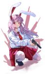  1girl absurdres animal_ears black_footwear closed_mouth collared_shirt commentary english_commentary full_body gun highres holding holding_gun holding_weapon long_hair long_sleeves necktie purple_hair rabbit_ears rabbit_girl red_eyes red_necktie red_skirt reisen_udongein_inaba shirt simple_background skirt smile solo squatting touhou vanilla_flan weapon white_background white_shirt 