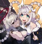  2girls absurdres bare_shoulders black_eyes braid breasts dark_halo demon_horns demon_wings dress dual_persona feathered_wings green_eyes grey_hair grin halo highres horns jacket kizuna_akari long_sleeves multiple_girls open_clothes open_jacket open_mouth ribbed_dress sharp_teeth sideboob smile symmetry teeth toriniku29 twin_braids voiceroid white_hair wings 