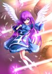  angel angel_wings apron blue_apron blue_dress blue_skirt blurry blurry_background dress feathered_wings feathers fighting floating grid_background highres korumoran lasers long_hair long_sleeves matenshi_(touhou) open_mouth purple_eyes purple_hair sandals skirt touhou touhou_(pc-98) undershirt white_wings wings 