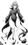  1girl absurdres bare_legs black_dress breasts covered_navel dress floating full_body greyscale highres knees levitation looking_at_viewer monochrome one-punch_man small_breasts solo speedl00ver tatsumaki telekinesis thick_thighs thighs 