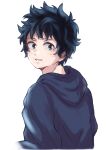  1boy absurdres blue_hoodie boku_no_hero_academia dark_green_hair freckles green_eyes highres hood hoodie looking_at_viewer looking_back male_focus midoriya_izuku parted_lips r1014-chopper simple_background solo upper_body white_background 