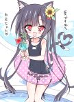  1girl animal_ears black_hair blush cat_ears commentary_request crazy_straw cup dokidoki_sister_aoi-chan drinking_glass drinking_straw flower hair_flower hair_ornament hairclip heart heart_straw heart_tail highres innertube kohinata_aoi_(dokidoki_sister_aoi-chan) long_hair one-piece_swimsuit open_mouth red_eyes school_swimsuit sitting smile solo swimsuit tail takahashi_tetsuya translation_request twintails very_long_hair 