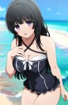  1girl arm_at_side bang_dream! bare_arms bare_shoulders beach black_hair black_one-piece_swimsuit blue_sky blunt_bangs blurry blurry_background blush breasts casual_one-piece_swimsuit cleavage cloud collarbone commentary cowboy_shot criss-cross_halter day frilled_one-piece_swimsuit frills halterneck hand_on_own_chest hand_up highres leaning_forward long_hair looking_at_viewer medium_breasts noshimurin ocean official_alternate_costume one-piece_swimsuit outdoors parted_lips purple_eyes shirokane_rinko sidelocks sky solo standing swimsuit 