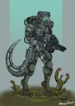  anthro armor clothing digitigrade digitigrade_footwear footwear furgonomics gun hi_res hungrydazzle male ranged_weapon scalie solo standing tail tail_clothing weapon 