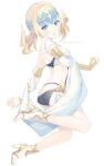 1girl back bare_legs blonde_hair blue_eyes bridal_gauntlets diadem eka_eri fate/grand_order fate_(series) full_body gold_footwear high_heels highres looking_at_viewer lowleg parted_lips pollux_(fate) shawl simple_background solo twitter_username white_background 