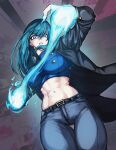  1girl abs belt belt_buckle blue_eyes blue_fire blue_hair breasts buckle commission cowboy_shot crop_top denim fire highres jacket jeans large_breasts long_hair looking_at_viewer makdraw25 midriff navel open_clothes open_jacket original pants solo 