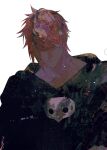  1boy black_robe collarbone erichthonios expressionless final_fantasy final_fantasy_xiv hood hood_down hooded_robe looking_down male_focus mask mask_around_neck orange_hair portrait red_eyes red_hair robe simple_background skraksff solo unworn_mask white_background 