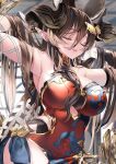  1girl 218 animal_ears armpits arms_behind_head asymmetrical_gloves bare_shoulders breasts brown_hair brown_horns butterfly_hair_ornament closed_eyes cosplay covered_navel dress extra_ears galleon_(granblue_fantasy) gloves granblue_fantasy hair_between_eyes hair_ornament horns lace-trimmed_dress lace_trim large_breasts lingerie long_hair multicolored_hair narmaya_(granblue_fantasy) narmaya_(granblue_fantasy)_(cosplay) pointy_ears smile solo streaked_hair underwear very_long_hair white_gloves 