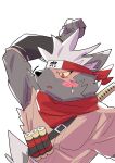  accessory armpit_fetish armpit_sniffing blush burn_scar hair headband hi_res lifewonders male melee_weapon red_eyes ruentn scar scarf scroll sniffing solo sword tadatomo tokyo_afterschool_summoners weapon white_hair 