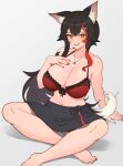  1girl :d animal_ear_fluff animal_ears barefoot black_hair black_skirt bra braid breasts brown_eyes fang hair_ornament hand_on_own_chest highres hololive indian_style jewelry large_breasts long_hair looking_at_viewer multicolored_hair nail_polish necklace ookami_mio red_bra red_hair red_nails sitting skirt smile solo streaked_hair tail toenail_polish toenails underwear varniskarnis virtual_youtuber wolf_ears wolf_tail x_hair_ornament 