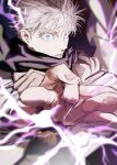  1boy black_background black_scarf blue_eyes electricity flick gojou_satoru hands_up highres jujutsu_kaisen livi long_sleeves looking_away male_focus parted_lips robe scarf short_hair solo white_hair white_robe 