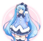  1girl anli_17 blue_bow blue_bowtie blue_coat blue_eyes blue_footwear blue_hair blue_mittens blue_skirt boots bow bowtie coat cropped_legs earmuffs fur-trimmed_boots fur-trimmed_coat fur-trimmed_sleeves fur_trim hair_bow hair_ornament hand_up hatsune_miku highres long_hair long_sleeves looking_at_viewer open_mouth pink_background pleated_skirt pom_pom_(clothes) skirt snowflakes solo thigh_boots twintails very_long_hair vocaloid yuki_miku yuki_miku_(2012) zettai_ryouiki 