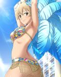 1girl armpits artist_request ass blonde_hair blush brave_witches breasts brown_eyes closed_mouth feathers large_breasts looking_at_viewer non-web_source official_art outdoors samba short_hair smile solo waltrud_krupinski world_witches_series 