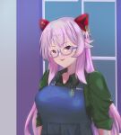  1girl apron arms_at_sides assault_lily bespectacled blue_apron breasts buttons collared_shirt commentary endou_araya glasses green_shirt hairpods highres long_hair looking_ahead medium_breasts nanakusa_yukiusagi parted_lips pink-framed_eyewear pink_eyes pink_hair semi-rimless_eyewear shirt sleeves_past_elbows sleeves_pushed_up smile solo under-rim_eyewear upper_body window 