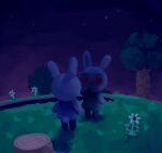  ambiguous_gender animal_crossing anthro chibi clothing detailed_background dress duo flower lagomorph leporid mammal night nintendo plant plastiboo rabbit scut_tail short_tail sky star starry_sky tail tree 