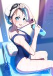  1girl absurdres artist_logo ass bench blue_eyes blue_one-piece_swimsuit bottle breasts brown_hair goggles goggles_on_head highres medium_breasts one-piece_swimsuit open_mouth original pancake_(pocket_domori) school_swimsuit sitting smile solo swim_cap swimsuit teeth upper_teeth_only white_headwear 