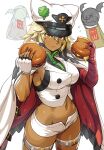  1girl bag bandages breasts burger cape clover dark-skinned_female dark_skin dual_wielding eating fingerless_gloves food four-leaf_clover gloves guilty_gear guilty_gear_strive hair_between_eyes hat holding large_breasts long_hair looking_at_viewer lucifero_(guilty_gear) midriff navel oetaro orange_eyes paper_bag plastic_bag ramlethal_valentine shorts sideboob simple_background solo stomach sweatdrop thick_thighs thigh_strap thighs wcdonalds white_background white_cape white_gloves 