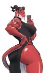  absurd_res anthro big_breasts big_butt breasts bridget_(zanzagen) butt cellphone clothed clothing digital_media_(artwork) dragon ear_piercing female hair hi_res holding_object horn jewelry muscular muscular_anthro muscular_female phone piercing ring selfie simple_background smartphone smile solo tail tattoo white_background zanzagen 