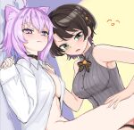  2girls :3 ahoge animal_ears aomushi_(mushamusha) black_bow black_bowtie black_choker black_hair black_panties black_underwear blue_background blush bottomless bow bowtie braid cat_ears choker closed_mouth collar flat_color green_eyes highres holding_another&#039;s_thighs hololive lace-trimmed_panties lace_trim long_sleeves looking_at_viewer looking_down medium_hair multiple_girls nekomata_okayu oozora_subaru oozora_subaru_(2nd_costume) open_mouth panties purple_eyes purple_hair shirt short_hair sleeveles thighs underwear white_collar white_shirt yellow_background 