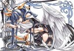  1girl angel_wings arm_support bare_shoulders belt black_panties black_thighhighs blue_hair center_opening closed_eyes detached_sleeves dizzy_(guilty_gear) dong_hole feathered_wings flower guilty_gear guilty_gear_x guilty_gear_xx hair_over_one_eye hair_ribbon highres long_hair lying midriff monster_girl navel on_side panties ribbon simple_background sleeping solo stomach tail tail_ornament tail_ribbon thick_thighs thigh_strap thighhighs thighs twintails underwear white_background wings yellow_ribbon zipper 