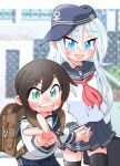  2girls anchor_symbol backpack bag black_thighhighs blue_eyes blue_headwear blue_sailor_collar blue_skirt brown_bag brown_hair character_request check_character flat_cap fubuki_(kancolle) green_eyes grey_hair hair_between_eyes hat hibiki_(kancolle) holding_hands kantai_collection long_hair long_sleeves medium_hair multiple_girls name_tag neckerchief open_mouth pants pleated_skirt ponytail red_neckerchief sailor_collar school_uniform serafuku shin_(shin_k009) shirt sidelocks skirt teeth thighhighs upper_teeth_only v white_shirt 