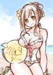  1girl blush breasts brown_hair closed_mouth cloud flower green_eyes hair_flower hair_ornament hairclip long_hair looking_at_viewer misono_mitama sand smile solo sophia_esteed star_ocean star_ocean_anamnesis star_ocean_till_the_end_of_time swimsuit water 