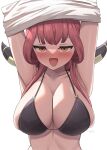 1girl armpits arms_up aru_(blue_archive) bikini black_bikini blue_archive blush breasts clothes_lift collarbone drinking hashira_14 highres horns large_breasts lifted_by_self long_hair pink_hair shirt shirt_lift solo sweatdrop swimsuit upper_body white_background white_shirt yellow_eyes 