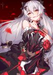  1girl bare_shoulders bat_hair_ornament black_dress black_sleeves breasts detached_sleeves dress earrings flower guaili_shu hair_ornament highres honkai_(series) honkai_impact_3rd jewelry large_breasts long_hair long_sleeves looking_at_viewer luna_(honkai_impact) open_mouth red_eyes red_flower red_rose rose solo theresa_apocalypse theresa_apocalypse_(lunar_vow:_crimson_love) vampire white_hair 