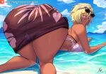  1girl alternate_costume ass ass_focus beach black_sarong bleach bleach:_brave_souls blonde_hair blue_eyes blue_sky breasts cloud colored_eyelashes dark-skinned_female dark_skin eyewear_on_head facial_mark green_eyes huge_ass large_breasts looking_at_viewer looking_back ocean official_alternate_costume parted_lips patreon_logo patreon_username sarong signature sky smile solo sunglasses tier_harribel top-down_bottom-up underboob water watermark web_address xhaart 