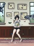  1girl absurdres barefoot black_eyes black_hair black_shorts broken_glass bug butterfly chair glass highres holding_frame indoors okura_lino original scenery shirt short_hair shorts sitting solo white_shirt window 