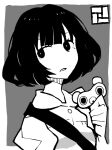  1girl akashi_(yojouhan) bob_cut bright_pupils collared_shirt commentary_request creature dowman_sayman expressionless greyscale hand_up highres holding holding_creature jpeg_artifacts logo looking_at_viewer looking_to_the_side mochiguman_(yojouhan) mole mole_under_eye monochrome outside_border parted_lips shirt short_hair shoulder_strap simple_background solo upper_body yojouhan_shinwa_taikei 