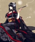  1girl black_collar black_hair black_kimono blunt_bangs breasts cleavage collar commentary feet_out_of_frame final_fantasy final_fantasy_xiv floral_background floral_print flower from_side grey_eyes hair_flower hair_ornament hair_stick hand_up holding holding_smoking_pipe hyur inrou japanese_clothes kimono kiseru kuromitsu_(96mitsu_ff14) lace_collar long_hair looking_at_viewer obi obiage obijime off_shoulder red_lips sash simple_background sitting smoke smoking_pipe solo straight_hair tassel two-sided_fabric wide_sleeves yellow_background yokozuwari yotsuyu_goe_brutus 
