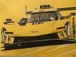  absurdres cadillac cadillac_v-series.r car driving english_commentary gloves grey_gloves highres imsa_sports_car_championship jsel92 monochrome motor_vehicle painting_(medium) race_vehicle racecar real_life signature solo spoiler_(automobile) traditional_media vehicle_focus yellow_theme 