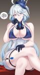  1girl :q absurdres ahoge ascot bare_arms bare_shoulders black_ascot black_gloves blue_bra blue_eyes blue_hair blue_headwear bra breasts brooch commentary crossed_legs feet_out_of_frame furina_(genshin_impact) genshin_impact gloves gradient_background grey_background hair_between_eyes highres jewelry kanta_(kanta_077) large_breasts long_hair looking_at_viewer sitting smile solo speech_bubble thigh_strap thighs tongue tongue_out underwear very_long_hair 