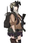  1girl backpack bag black_gloves black_hair black_skirt black_thighhighs brown_eyes brown_headwear brown_shirt closed_mouth commentary_request ear_protection girls&#039;_frontline gloves gun helmet heterochromia highres looking_at_viewer multicolored_hair mutugorou_u name_connection object_namesake pleated_skirt puffy_short_sleeves puffy_sleeves red_eyes ro635 ro635_(girls&#039;_frontline) shirt short_sleeves simple_background single_thighhigh sketch skirt solo streaked_hair thighhighs weapon white_background white_hair 
