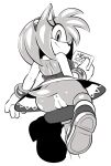  2023 amy_rose anthro anus bottomless breasts butt clothed clothing dress english_text eulipotyphlan female footwear genitals greyscale hair hedgehog is_(artist) looking_at_viewer looking_back looking_back_at_viewer mammal monochrome pussy sega shoes simple_background smile smiling_at_viewer solo sonic_the_hedgehog_(series) text 