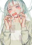  1girl blue_hair blue_nails blush candy collarbone covering_mouth food green_nails grey_eyes grey_shirt head_tilt highres holding holding_candy holding_food lollipop long_bangs long_hair long_sleeves looking_at_viewer multicolored_nails nail_polish nik_ibi original print_shirt red_nails shirt sidelocks simple_background sleeve_cuffs solo straight-on upper_body white_background 