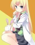  1girl 1grl black_skirt blonde_hair blue_eyes closed_mouth coat collared_shirt eyes_visible_through_hair frown green_shirt hand_up highres hime_mia lab_coat long_hair long_sleeves mesousa miniskirt necktie open_clothes open_coat orange_background pani_poni_dash! pleated_skirt rabbit rebecca_miyamoto red_necktie shirt skirt solo split_mouth straight_hair two-tone_background very_long_hair white_coat white_rabbit_(animal) yellow_background 