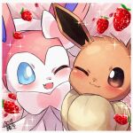  ;) ;d blush border brown_eyes closed_mouth commentary_request eevee fang food fruit katsukare no_humans one_eye_closed open_mouth pokemon pokemon_(creature) smile sparkle strawberry sylveon 