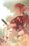  1boy blue_eyes blurry blurry_background blurry_foreground closed_mouth commentary_request cowboy_shot cross_scar elbow_rest falling_petals from_side hakama highres himura_kenshin japanese_clothes katana kimono long_hair low_ponytail outdoors petals profile red_hair red_kimono rurouni_kenshin scar scar_on_cheek scar_on_face sheath sheathed signature smile solo sua_lucid sword tree weapon white_hakama wide_sleeves 