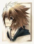  1boy black_hood blue_eyes brown_background brown_hair chain_necklace commentary eguana english_commentary english_text hood hood_down jewelry kingdom_hearts kingdom_hearts_ii looking_to_the_side male_focus necklace short_hair simple_background smile solo sora_(kingdom_hearts) spiked_hair upper_body 