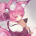  1girl absurdres animal_ear_fluff animal_ears arknights blush chack520 chinese_commentary closed_mouth commentary fox_ears fox_girl fox_tail hair_ornament highres jacket looking_at_viewer looking_back morte_(arknights) pink_eyes pink_hair pink_jacket shamare_(arknights) shirt sitting solo stuffed_wolf tail twintails white_shirt 