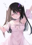 1girl armpits black_hair blush breasts commission detached_sleeves dress hakua_aa highres indie_virtual_youtuber long_hair one_eye_closed open_mouth pink_eyes sideboob skeb_commission solo swept_bangs two_side_up white_dress yoruno_sumi 