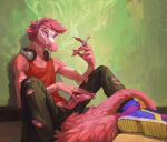  anthro bottomwear claws clothed clothing dinosaur dromaeosaurid drugs erection feathered_dinosaur feathers footwear genitals goodbye_volcano_high hair headphones headphones_around_neck hi_res humanoid_genitalia humanoid_penis klongi male marijuana pants penis pink_body pink_hair reed_(gvh) reptile scalie shirt shoes sitting smoking_weed sneakers snoot_game_(fan_game) solo tank_top theropod topwear torn_bottomwear torn_clothing torn_pants velociraptor 