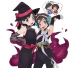  2boys :d armpits bare_shoulders black_dress black_headwear brendan_(pokemon) brown_hair calem_(pokemon) commentary_request cosplay crossdressing detached_sleeves dress earrings elbow_gloves flower gloves grey_eyes hair_flower hair_ornament hat highres jewelry male_focus multiple_boys open_mouth phoebe_(fall_2023)_(pokemon) phoebe_(pokemon) phoebe_(pokemon)_(cosplay) pokemon pokemon_(game) pokemon_masters_ex pokemon_oras pokemon_xy roxanne_(fall_2023)_(pokemon) roxanne_(pokemon) roxanne_(pokemon)_(cosplay) sana_(37pisana) short_hair smile teeth tongue upper_teeth_only witch_hat 