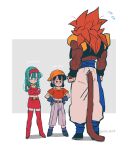  1boy absurdres belt biceps black_belt black_wristband blue_sash body_fur bra_(dragon_ball) closed_mouth dragon_ball dragon_ball_gt gogeta highres male_focus metamoran_vest monkey_boy monkey_tail muscular muscular_male pan_(dragon_ball) pants red_hair relio_db318 sash simple_background solo spiked_hair super_saiyan super_saiyan_4 tail translation_request veins veiny_hands white_pants 