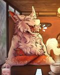  2023 anthro beverage biped bubble_tea cafe chest_tuft coffee dragon eyes_closed fur furred_dragon hi_res inner_ear_fluff inside male multicolored_body multicolored_fur nude open_mouth pagrynga red_body red_fur solo teeth tuft white_body white_fur 