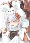  1girl anger_vein animal_ears animal_hat blush breasts closed_eyes earrings fate/grand_order fate_(series) flower fur_collar hair_flower hair_ornament hair_ribbon hat highres jewelry kama_(fate) kino_kokko looking_at_viewer open_mouth rabbit_ears ribbon short_hair small_breasts solo_focus tassel white_hair white_headwear 