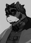  anthro belt bust_portrait clothing domestic_cat eyewear facial_hair felid feline felis gao_53937056 hi_res jacket lifewonders live_a_hero male mammal muscular muscular_anthro muscular_male pecs portrait solo sunglasses topwear tsuneaki 